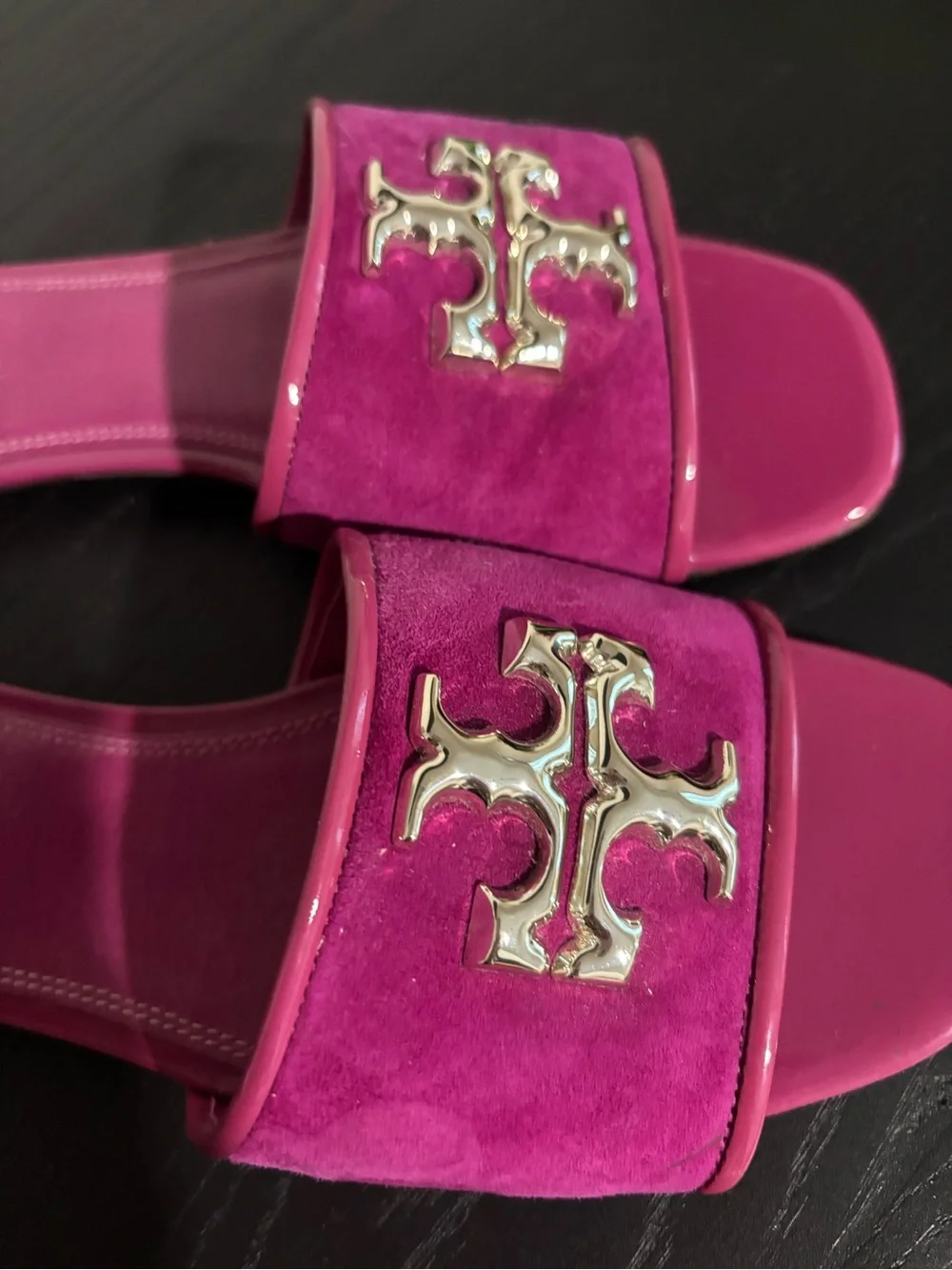 Tory Burch Fuchsia Suede & Patent Slide Sandals with Gold Logo